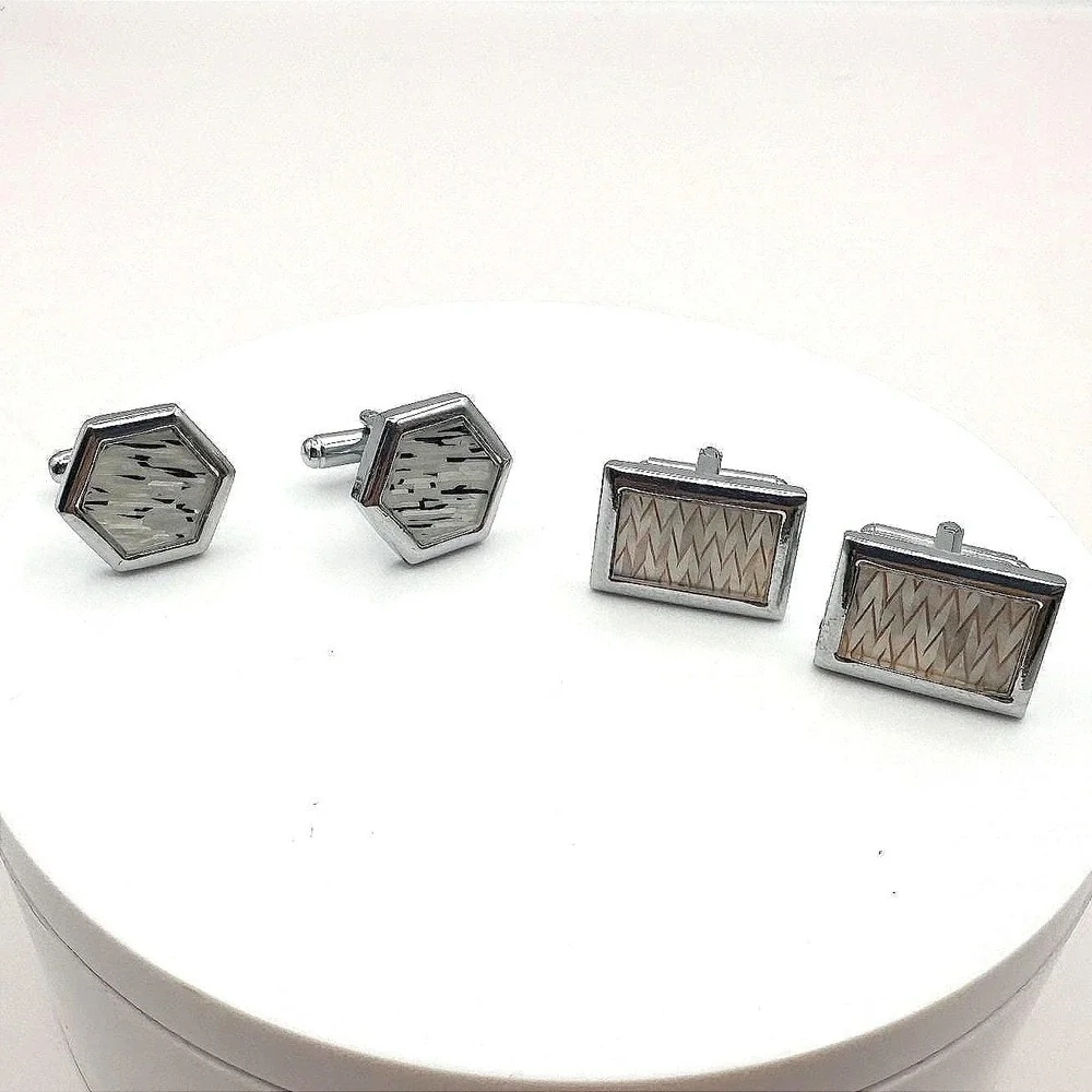Vintage 60s Mid-Century Silver Tone Cufflink Set Geometric Glass Inlay‎ Jewelry